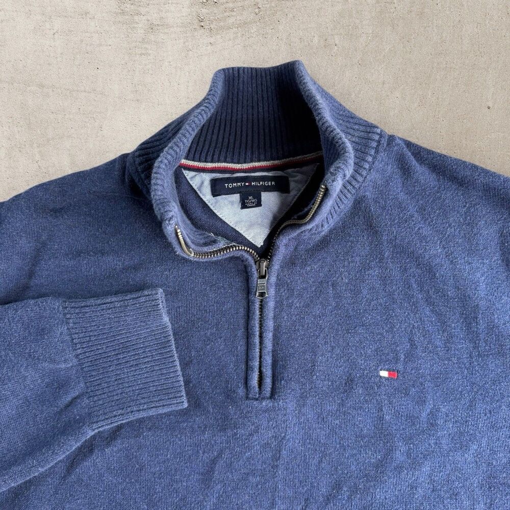Tommy Hilfiger Navy Blue 1/4 Zip Sweater Men’s XL Cotton Knit Essentials Preppy